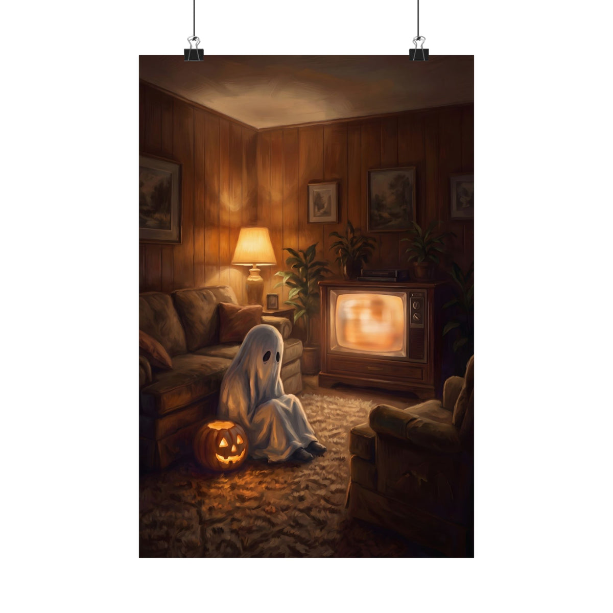 Vintage Ghost Halloween Poster — Retro Cozy Spooky Living Room Art